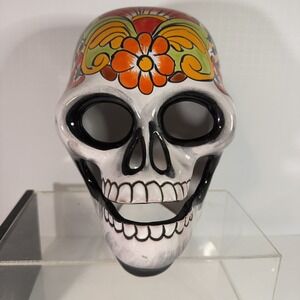 Talavera Clay Sugar Skull Mexico Day of the Dead Black And White LARGE! Mexico